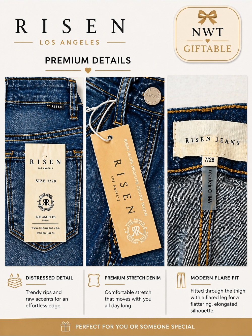 NWT Risen Los Angeles Distressed Flare Jeans Size 7/28 High Rise Raw Hem Gift - Picture 6 of 6